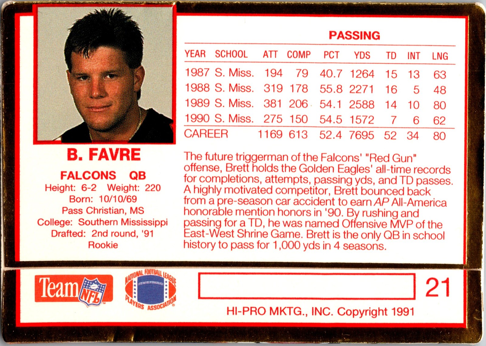 1991 Action Packed Rookie/Update #21 Brett Favre