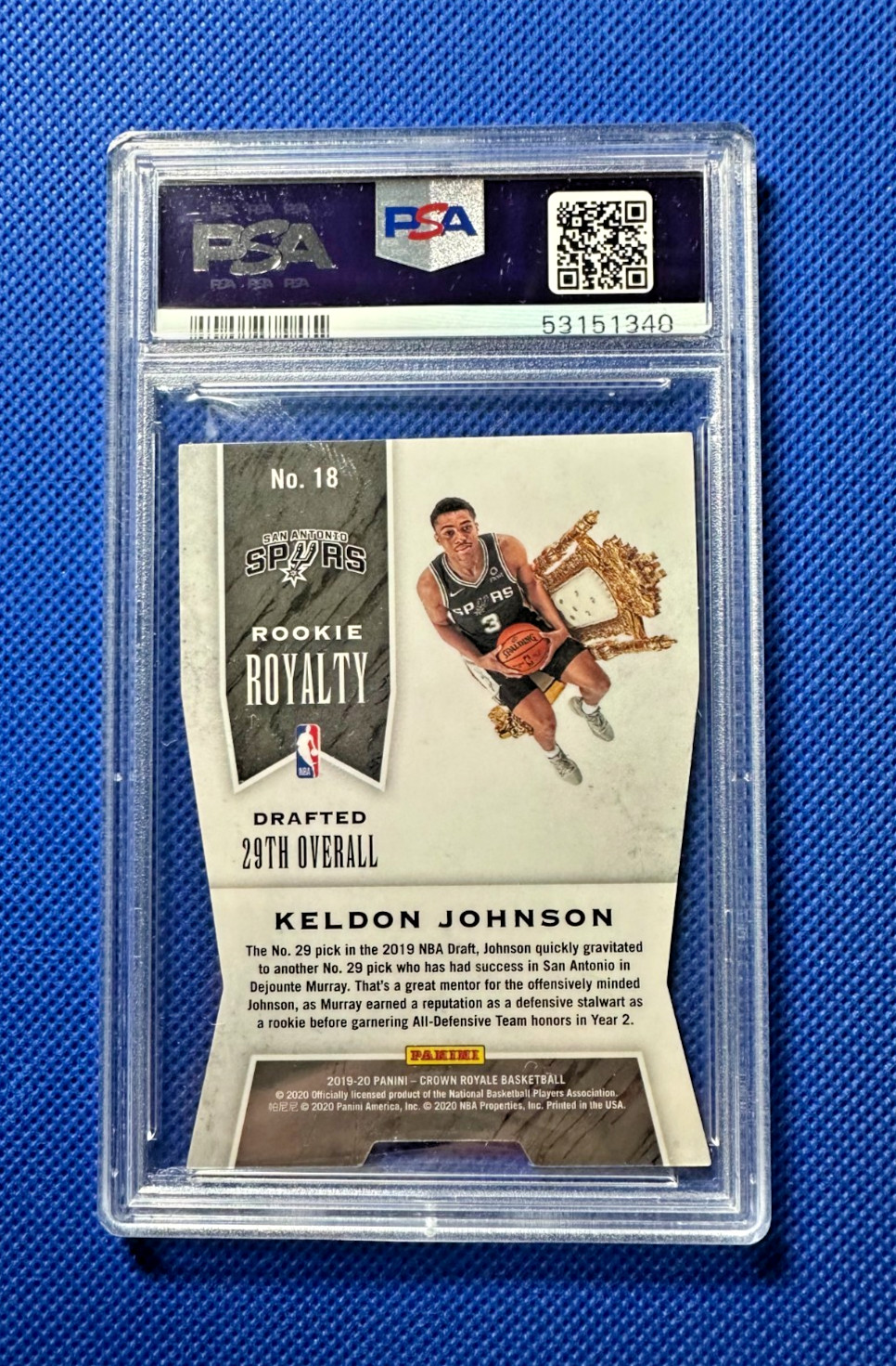 Keldon Johnson 3/5 Panini Crown Royale Rookie Royalty PSA (9) 2019 (RARE)
