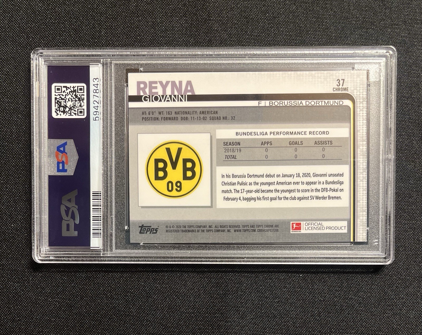 Giovanni Reyna 2019 Topps Chrome Bundesliga #37 PSA 9 Mint USMNT Rookie Card RC