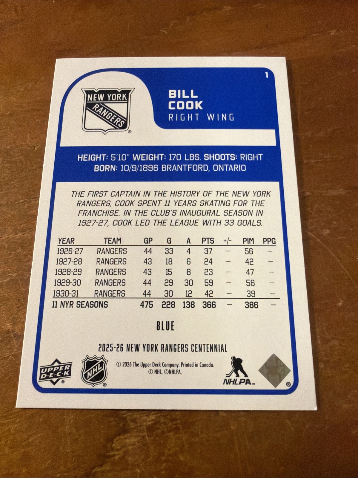 BILL COOK 2025-26 Upper Deck NY Rangers Centennial Blue #1 NHL HOF