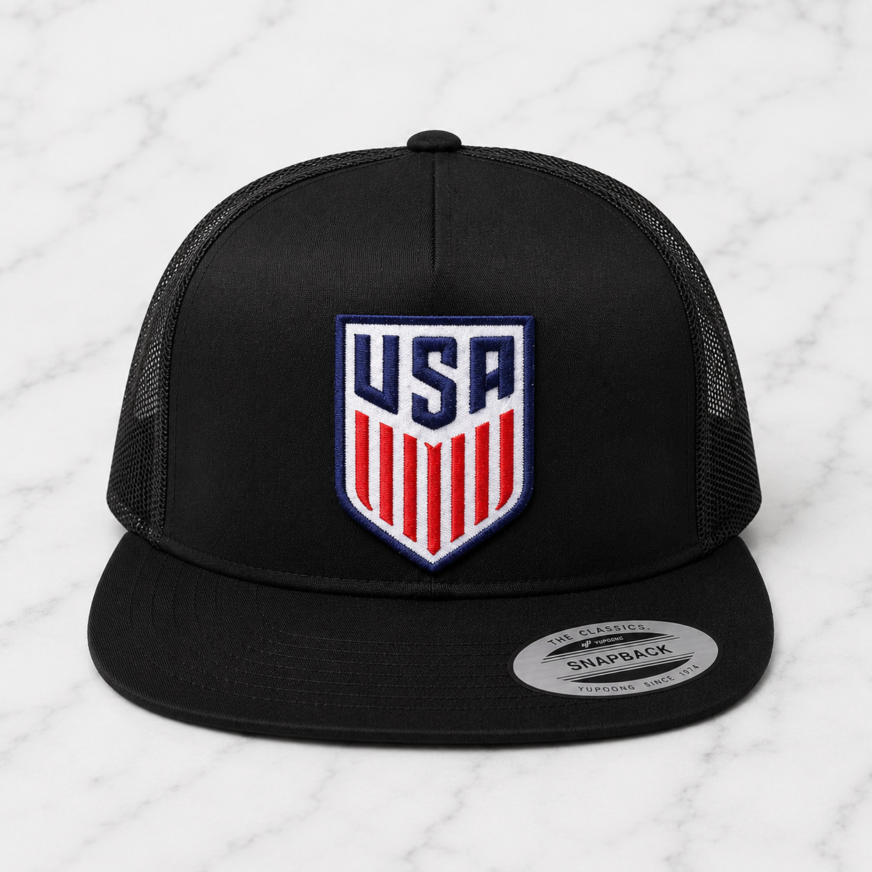 USA SOCCER CUSTOM YUPOONG 6006 FLAT BILL TRUCKER HAT ADJUSTABLE SIZE