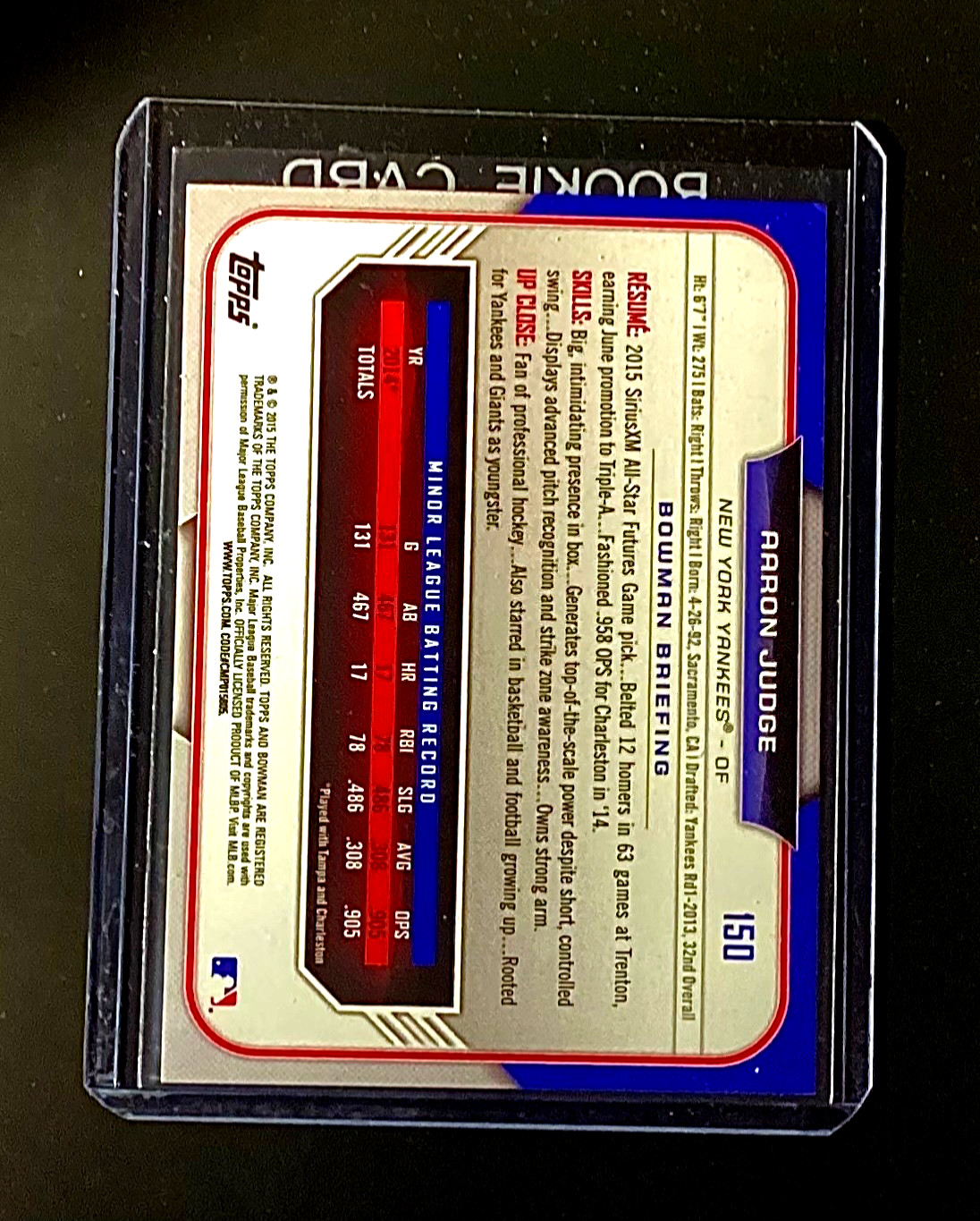 Aaron Judge Rookie 2015 Bowman #150 New York Yankees Baseball Game #1 Hitting RC