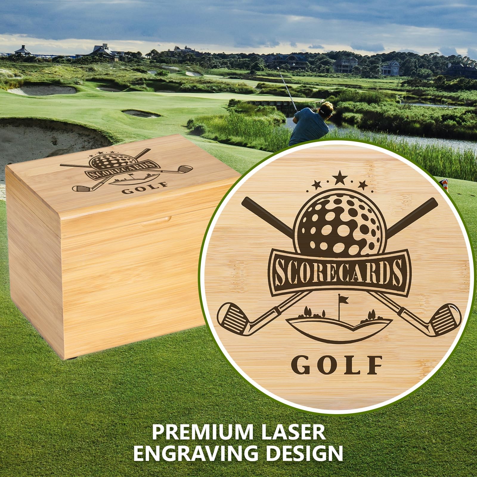 Golf Scorecard Collection Box with 5 Wooden Dividers – Golf Storage Box Organize