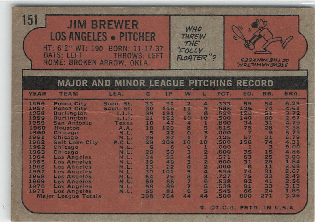 1972 Topps – Jim Brewer #151 – Set Break! VG/EX – Combined Shipping!