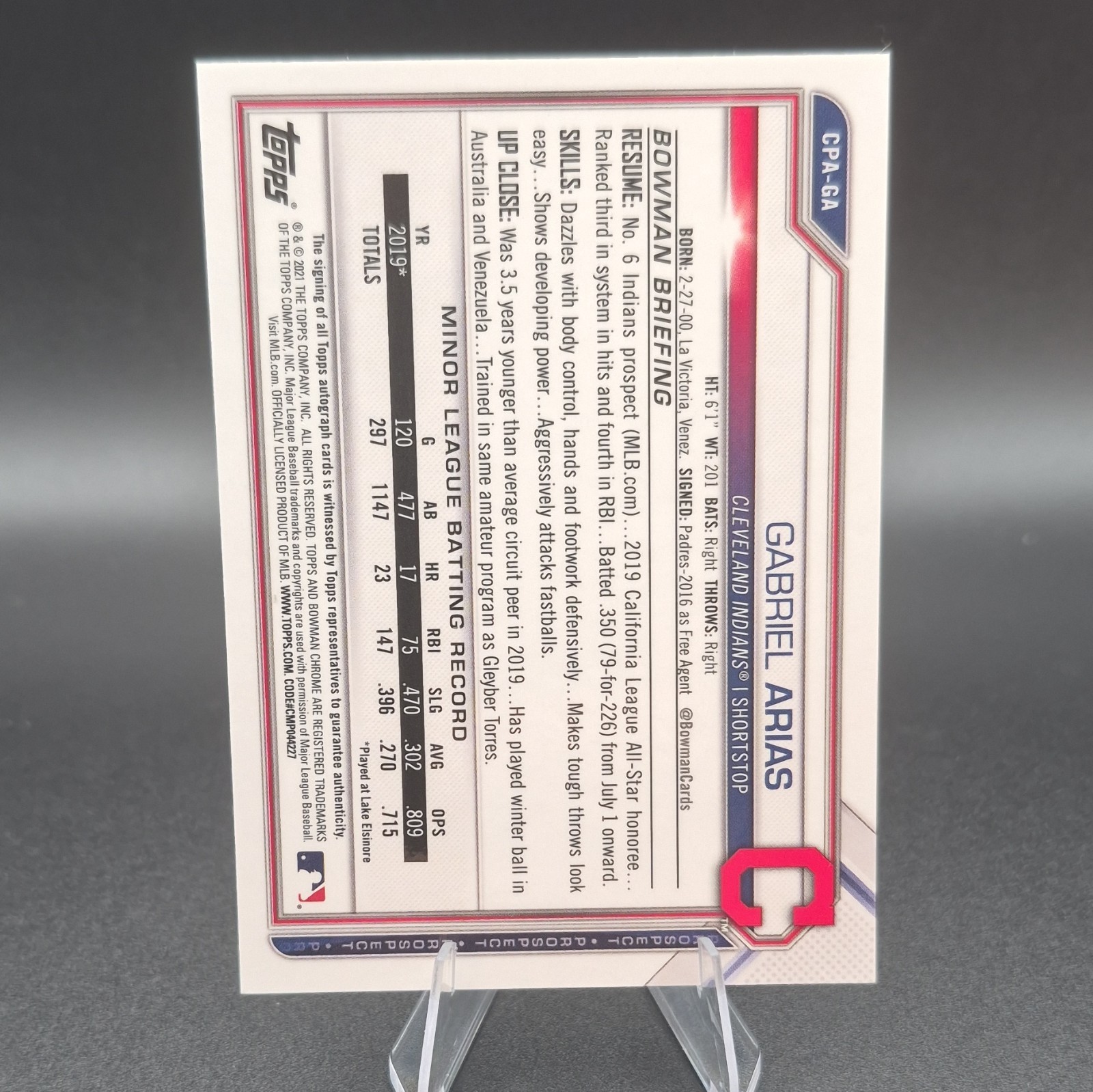 Topps 2021 Bowman Chrome Gabriel Arias RC Auto Speckle Refractor /299 #CPA-GA