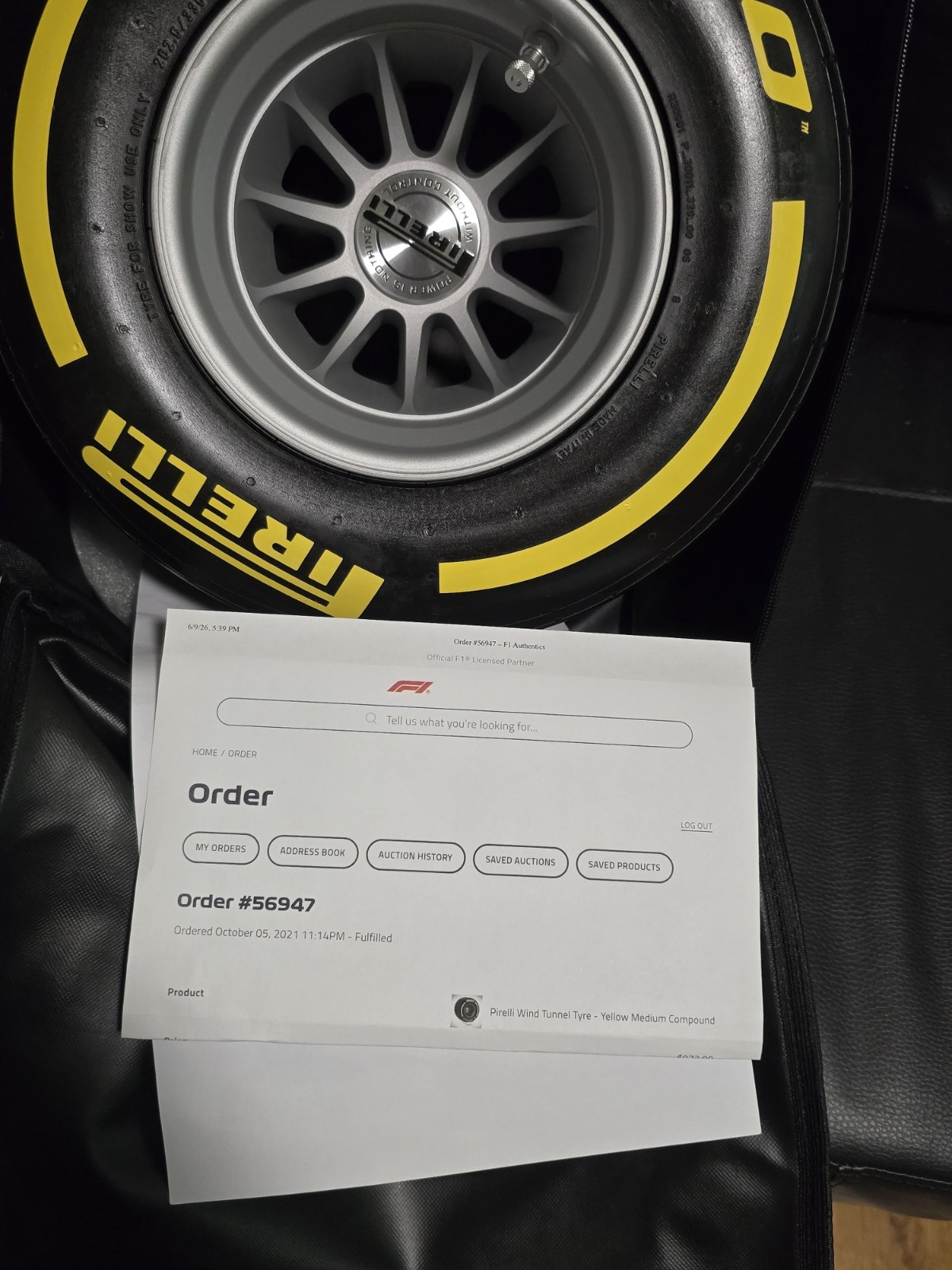 F1 Pirelli Formula One Mini Tire. Yellow Medium Wind Tunnel Pole Position Award