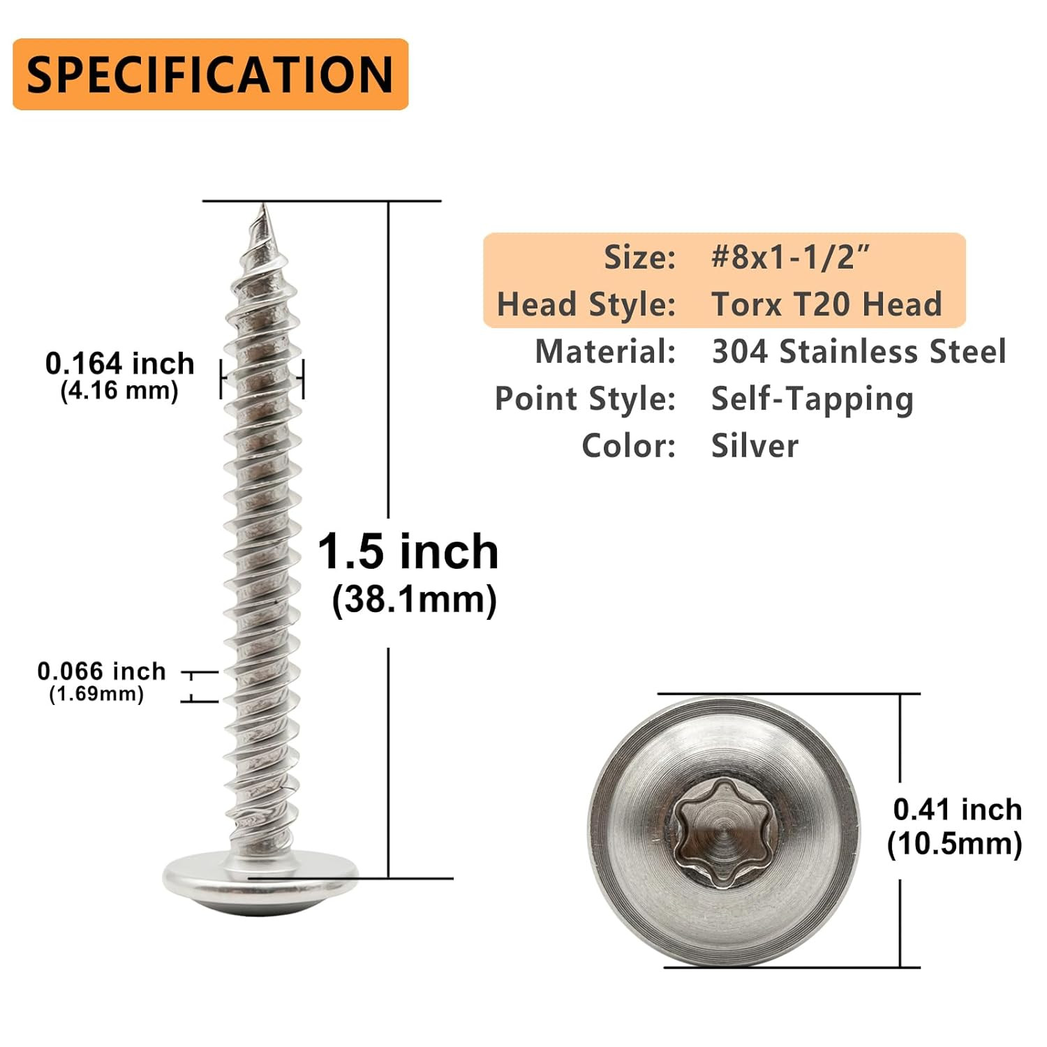 (30 Pcs) #8×1-1/2″ T20 Torx Head Wood Screws 304 Stainless Steel Self Tapping Tr