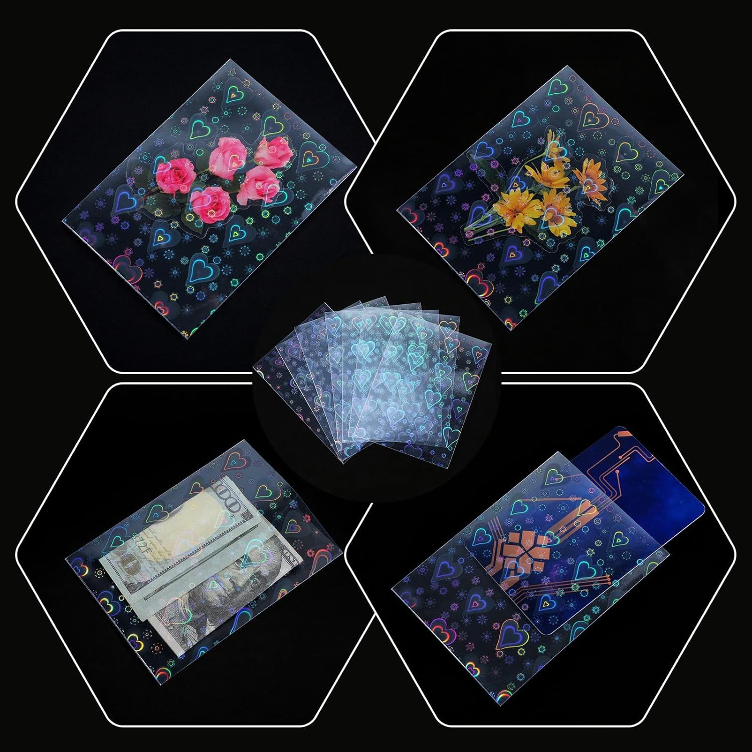 100PCS Laser Flashing Holographic Card Sleeves Love Heart Card Sleeves Trading