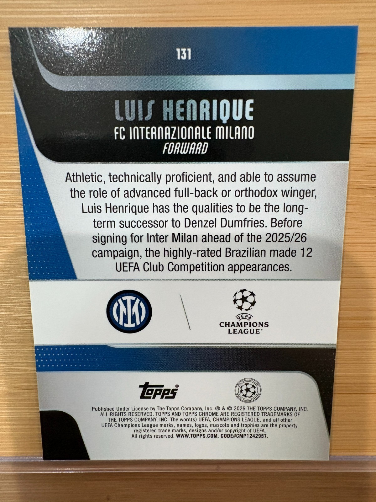 Luis Henrique 2025-26 Topps Chrome UEFA 131 True Blue /150 Inter Milan/Brazil