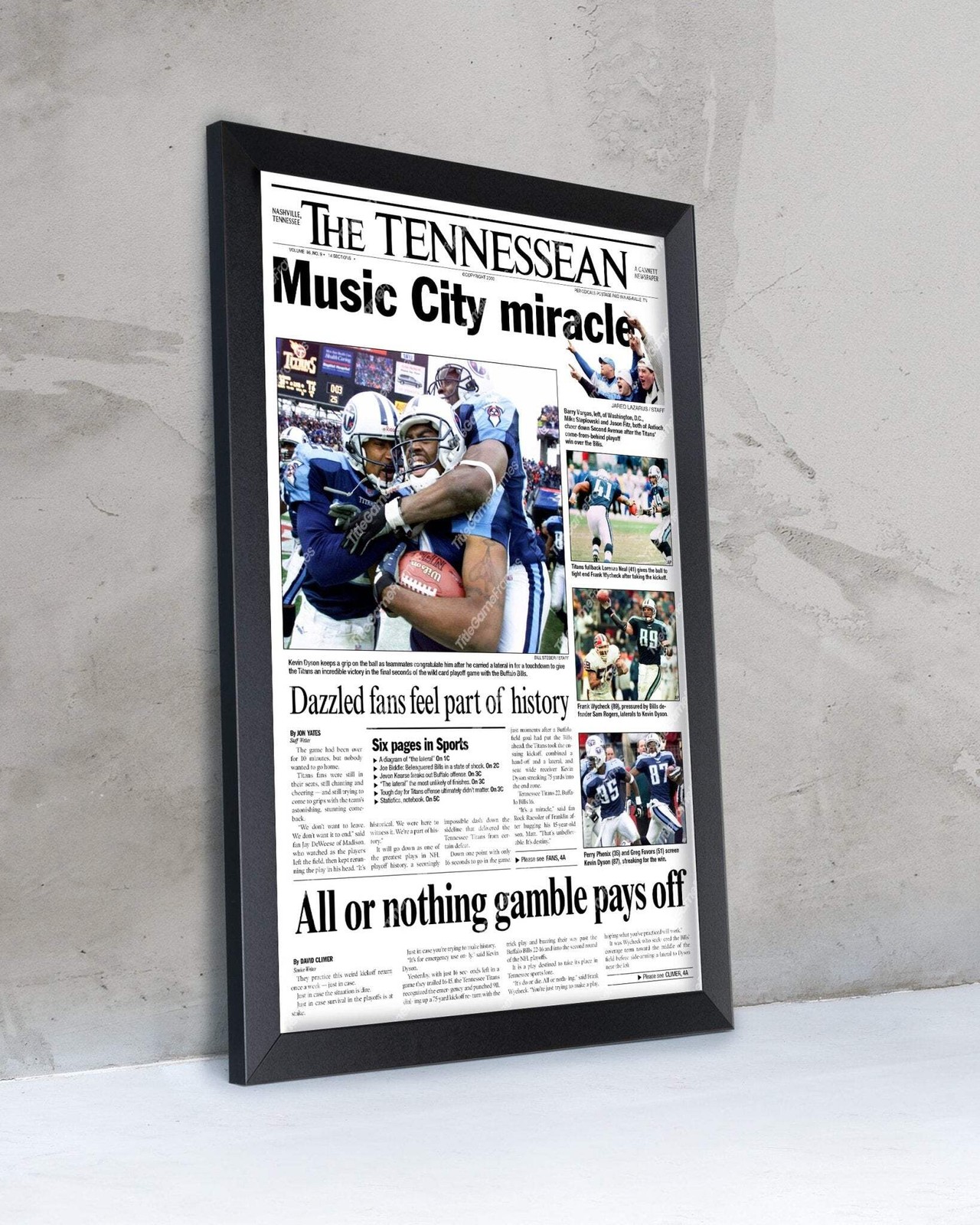 2000 Tennessee Titans ‘Music City Miracle’ Framed Newspaper.