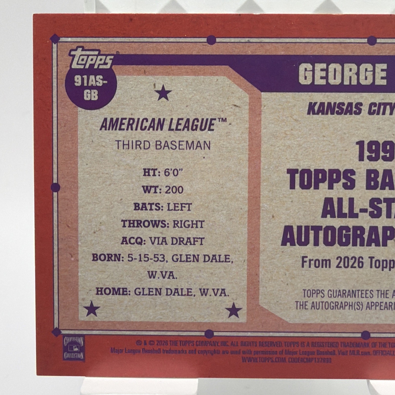 2026 Topps Series 2 1991 All-Star on card Auto George Brett Bookend Orange 25/25