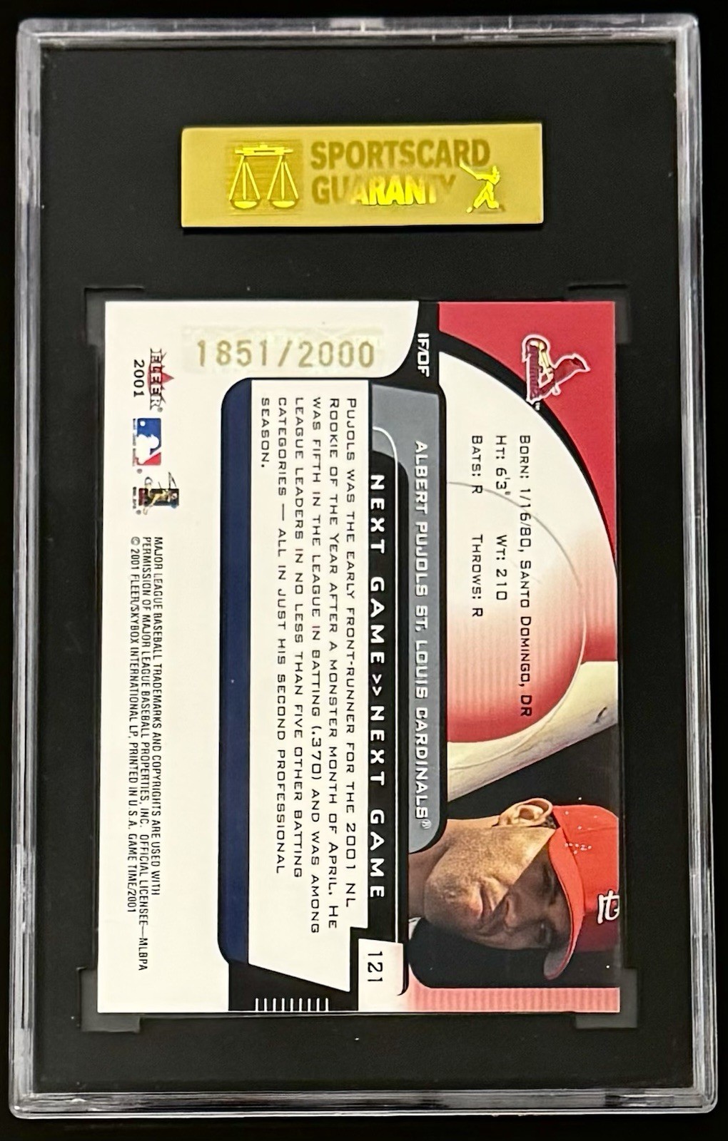 2001 Fleer Game Time – Next Game #121 Albert Pujols Rookie Card RC /2000 SGC 8
