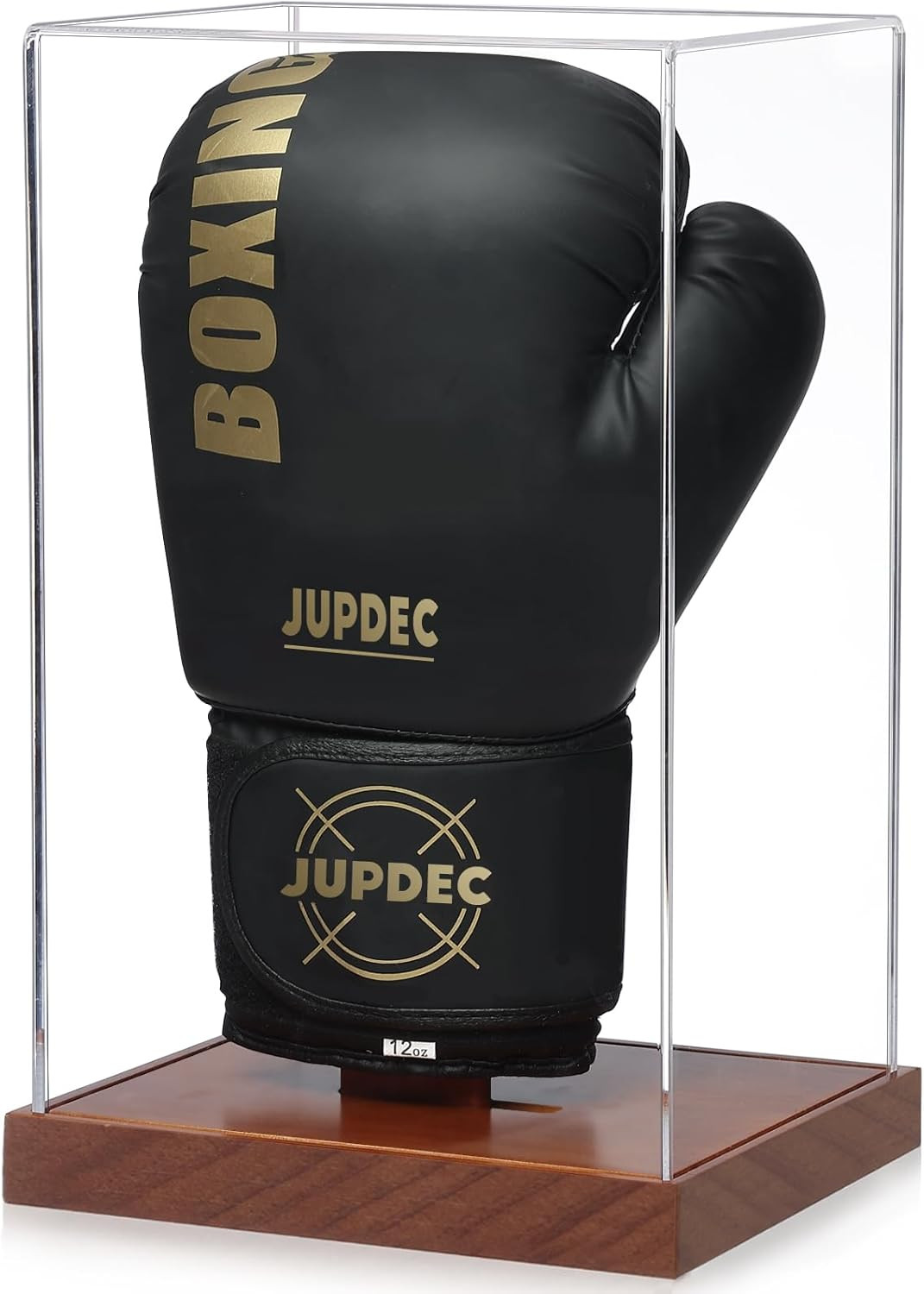 Boxing Glove Display Case, Clear Acrylic Showcase with Wood Base & Plank for Sin