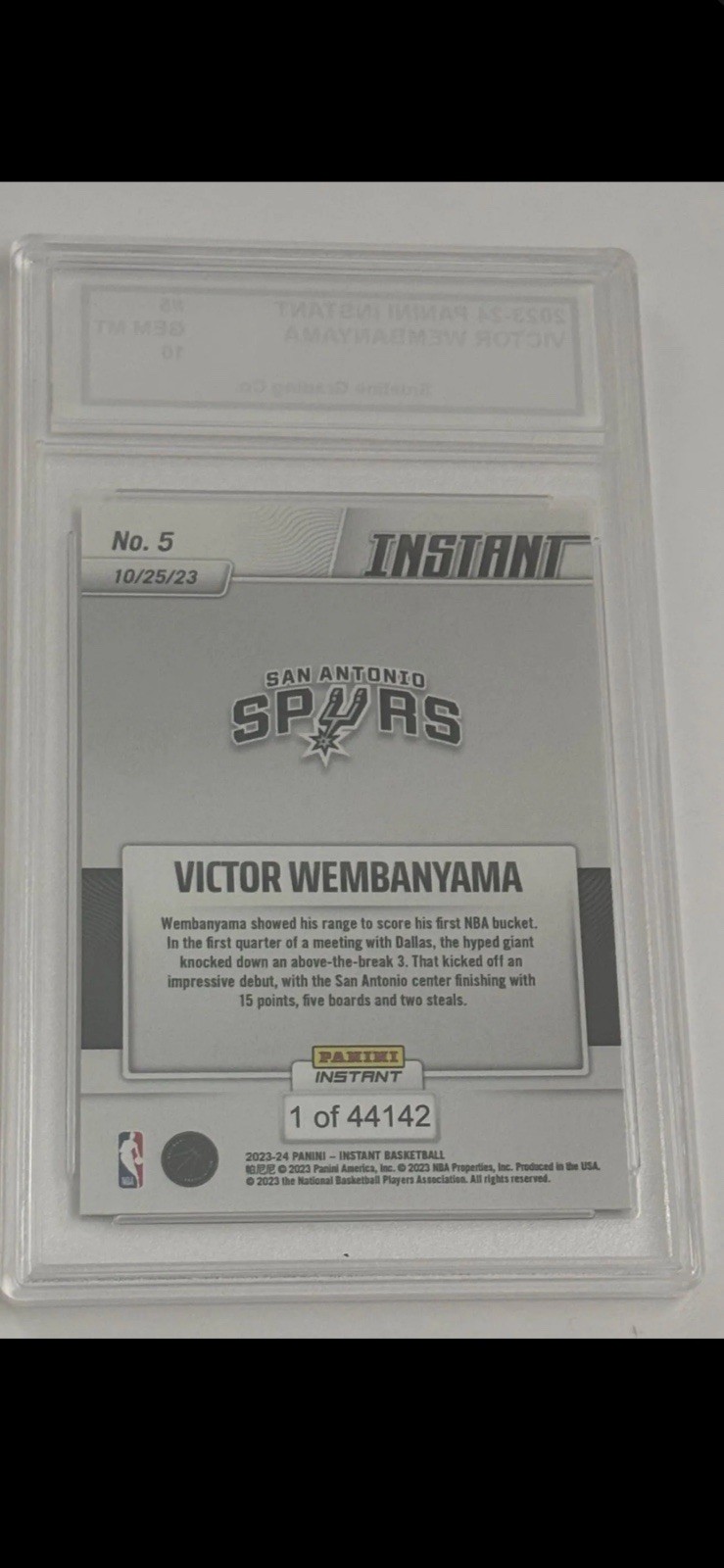 Panini 2023-24 Instant Victor Wembanyama Rookie #5 Spurs Base 1/44142 SGC