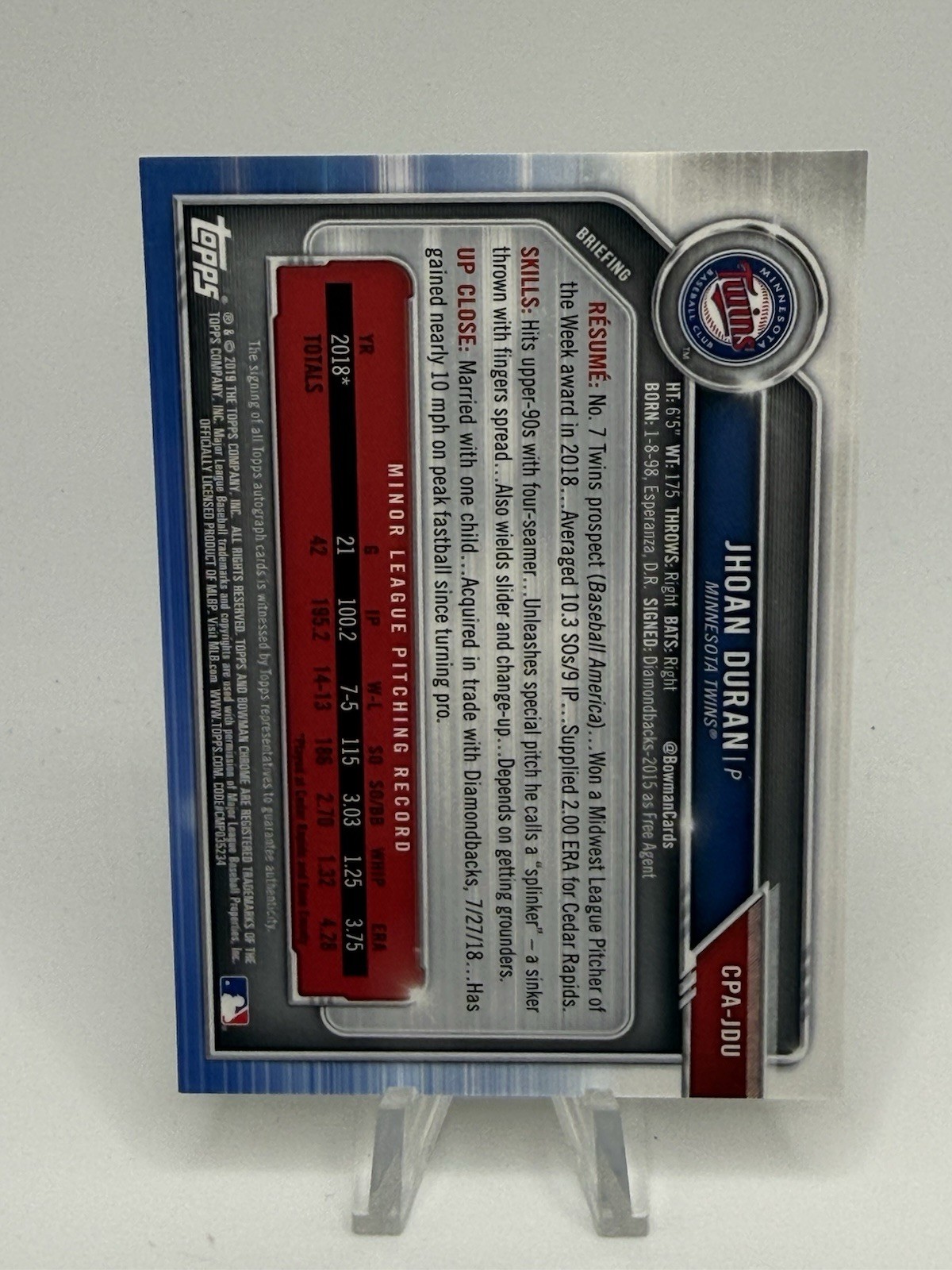 2019 Bowman Chrome 1st Jhoan Duran Gold Refractor Auto #’d /50 Phillies