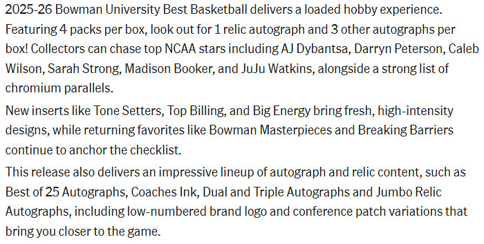 2025-26 Bowman University Best Basketball – Hobby Box 4 Autos, Future NBA Stars!
