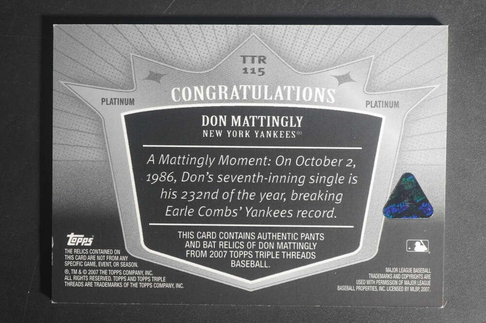 2007 Topps Triple Threads Don Mattingly Relic Platinum 1/1 Yankees DZ2609