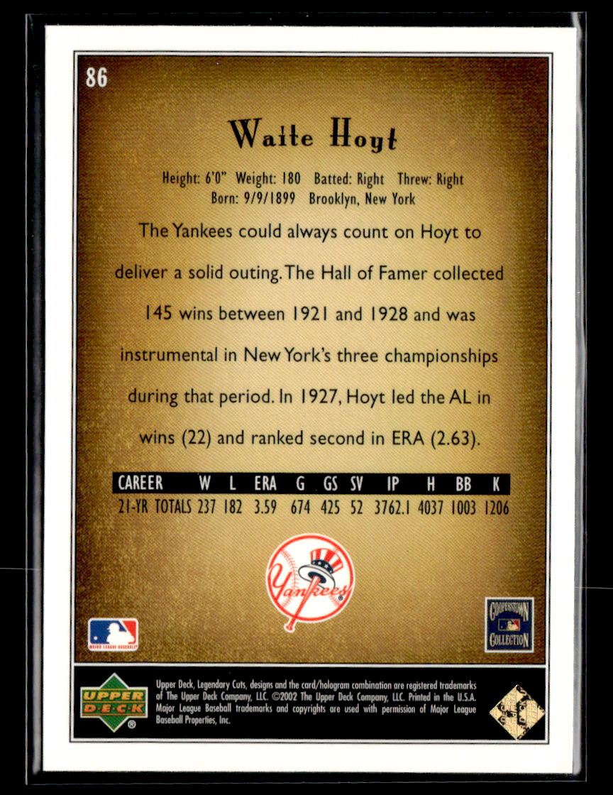 2002 SP Legendary Cuts #86 Waite Hoyt Card New York Yankees