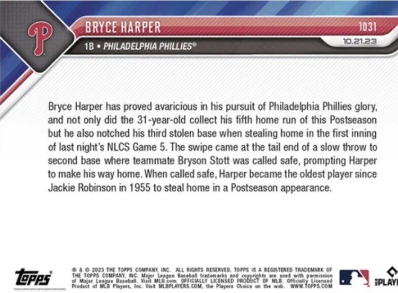 Bryce Harper Steals Home NLCS 2023 MLB TOPPS NOW 1031 Phillies Record Monumental