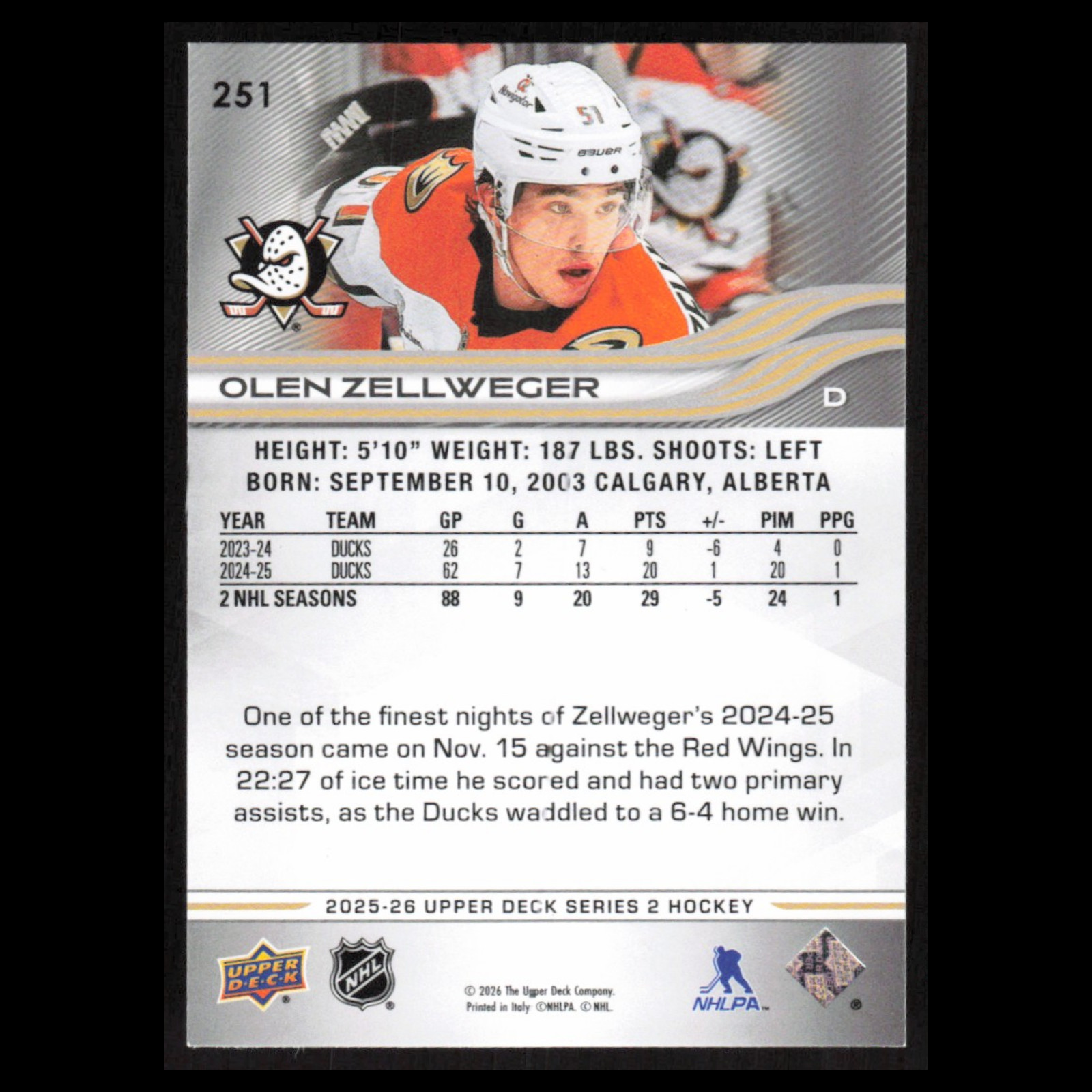 Olen Zellweger #251 2025 Upper Deck Anaheim Ducks Hockey Card NHL NM