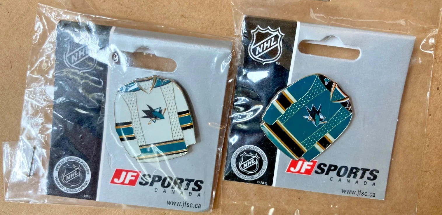 JF Sports Lapel Pins NHL San Jose Sharks Black & White Jerseys w/ Goalie Mask
