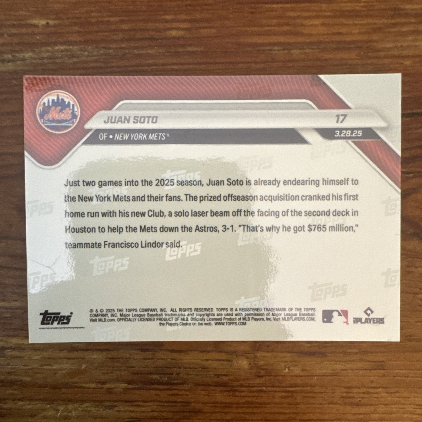 2025 Topps NOW JUAN SOTO #17 1st Home Run With Mets PR 10738