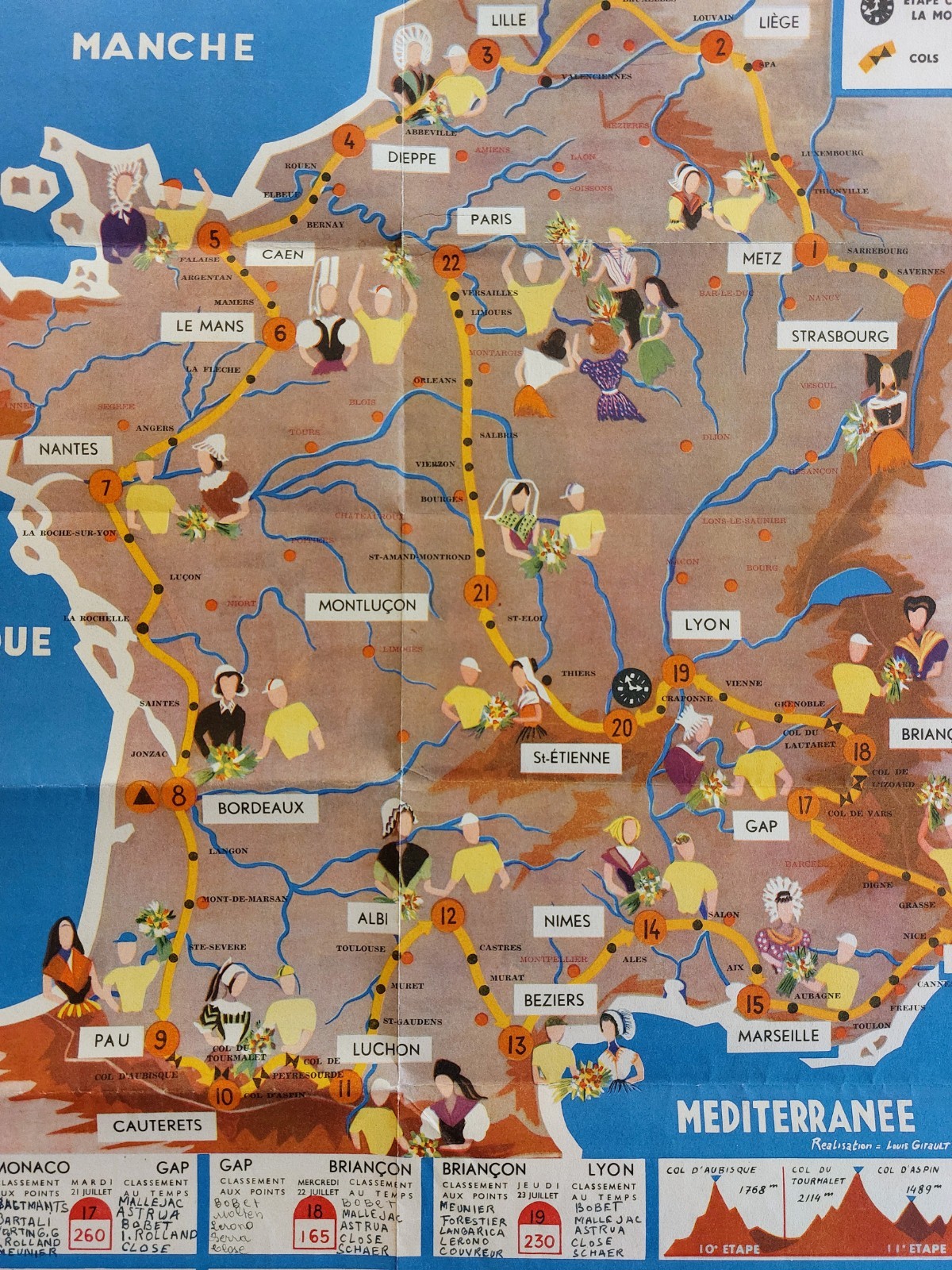 Beautiful Original 1953 Tour De France Route Map Carte du Tour Programme.