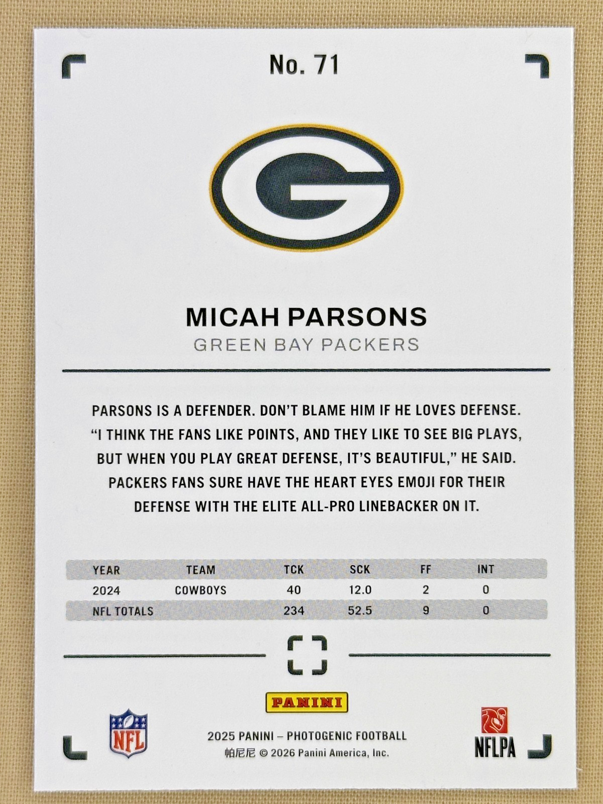 2025 Panini Photogenic Micah Parsons FOTL Maroon /7 In Green Bay Packers uniform
