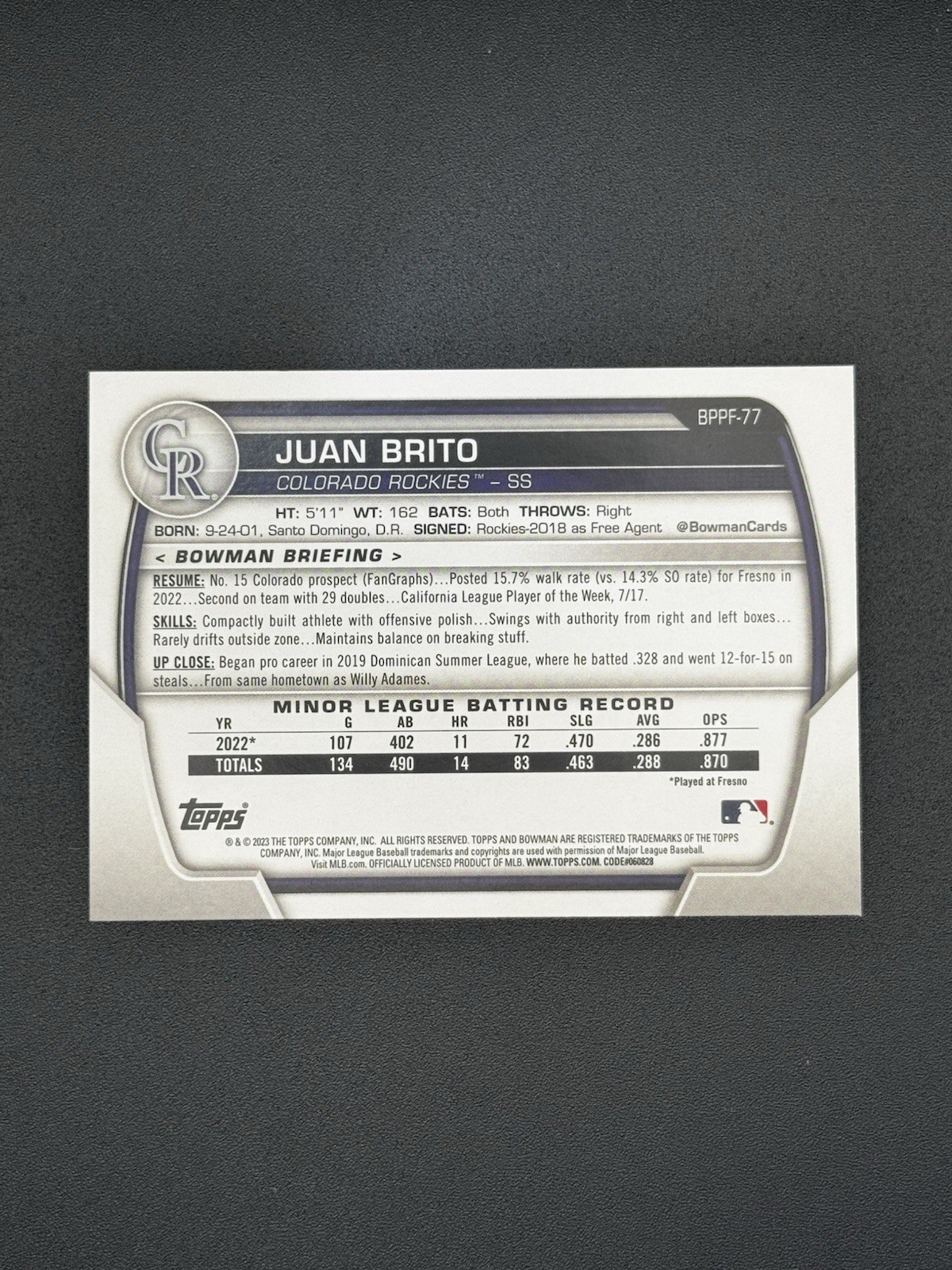 2023 Bowman 1st Edition – Juan Brito #BPPF-77 1st Bowman Sky Blue Foil