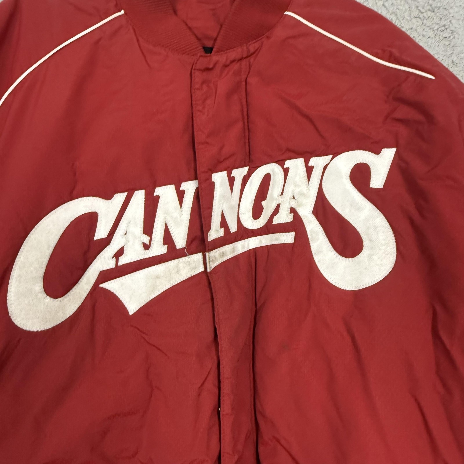 Cannons Jacket Mens XL Red White Quilted Lined Snap Front Baseball Number 24