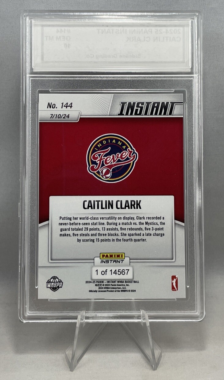Caitlin Clark Graded Gem Mint 10 Rookie 2024-25 Panini Instant Historic Stats RC