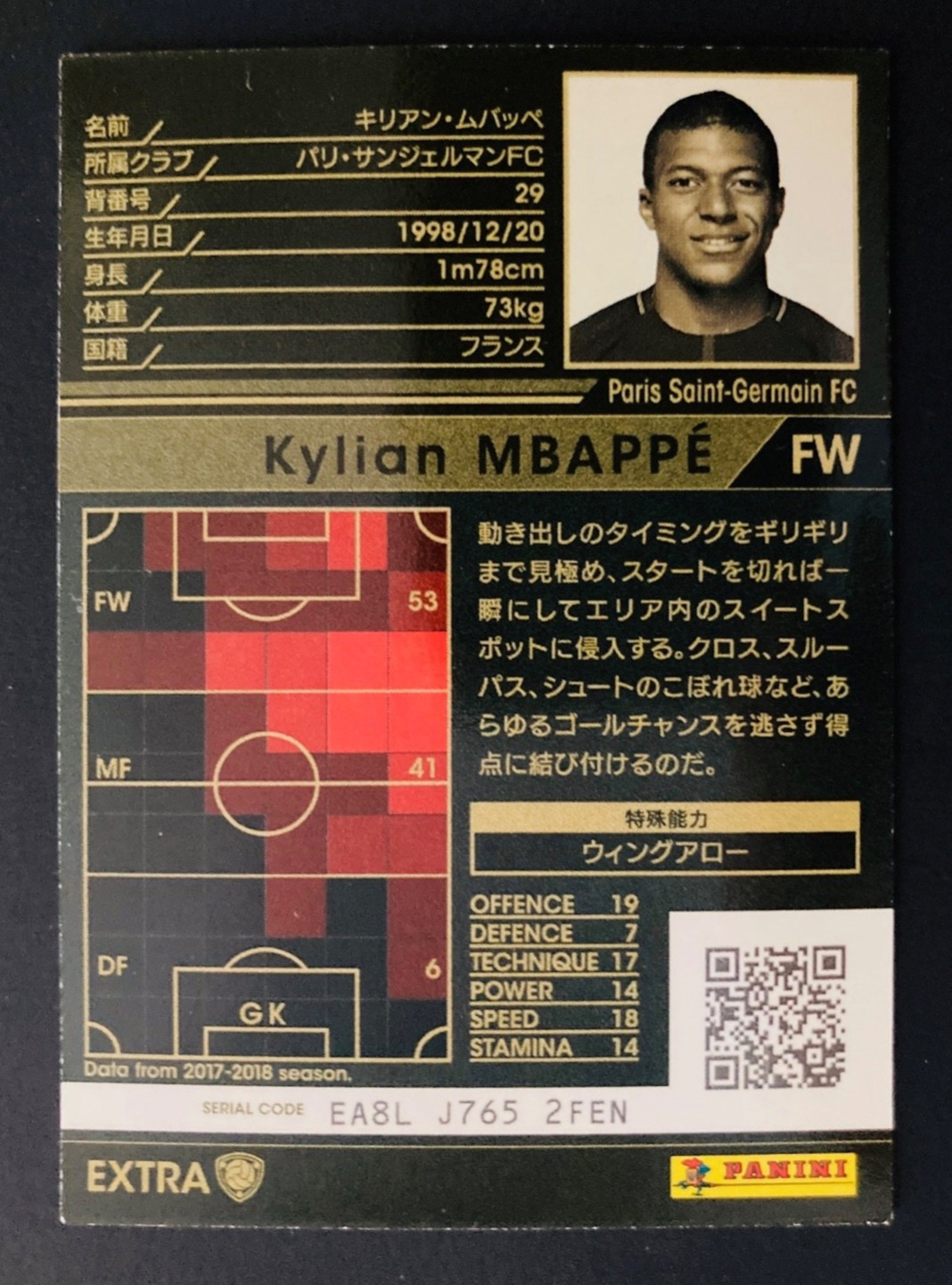 2017-18 Panini SEGA WCCF Stars of Club EXTRA Kylian Mbappe PSG refractor card