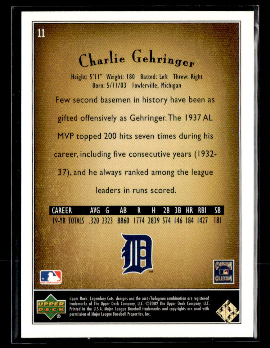2002 SP Legendary Cuts #11 Charlie Gehringer Card Detroit Tigers