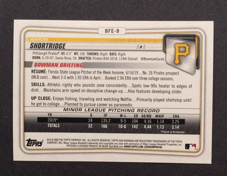 Aaron Shortridge 2020 Bowman 1st Edition 1st Bowman Card #BFE-9 Pirates RC