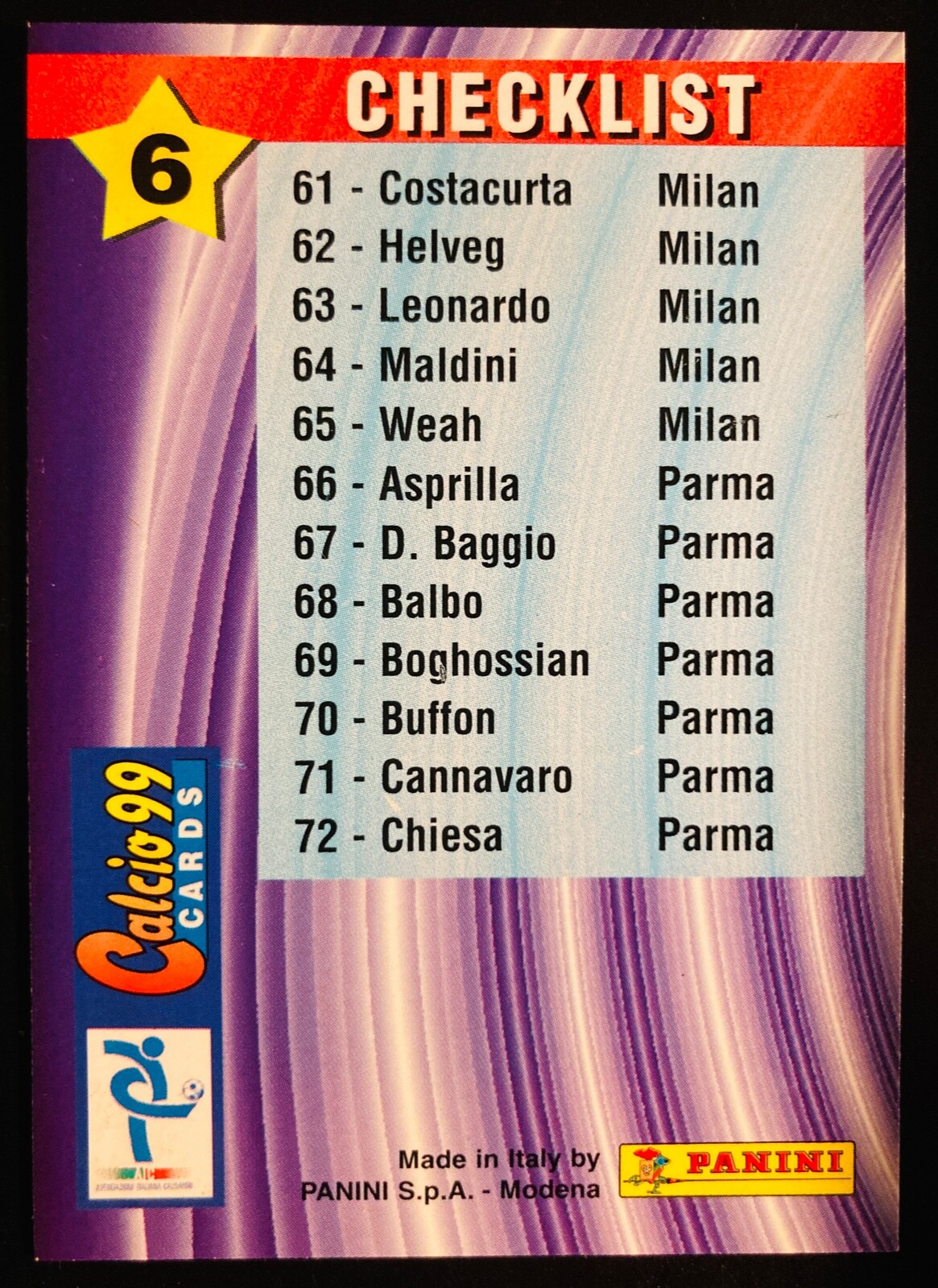 1998-99 Panini Calcio Cards 1999 Checklist # 6 Gabriel Batistuta Fiorentina card