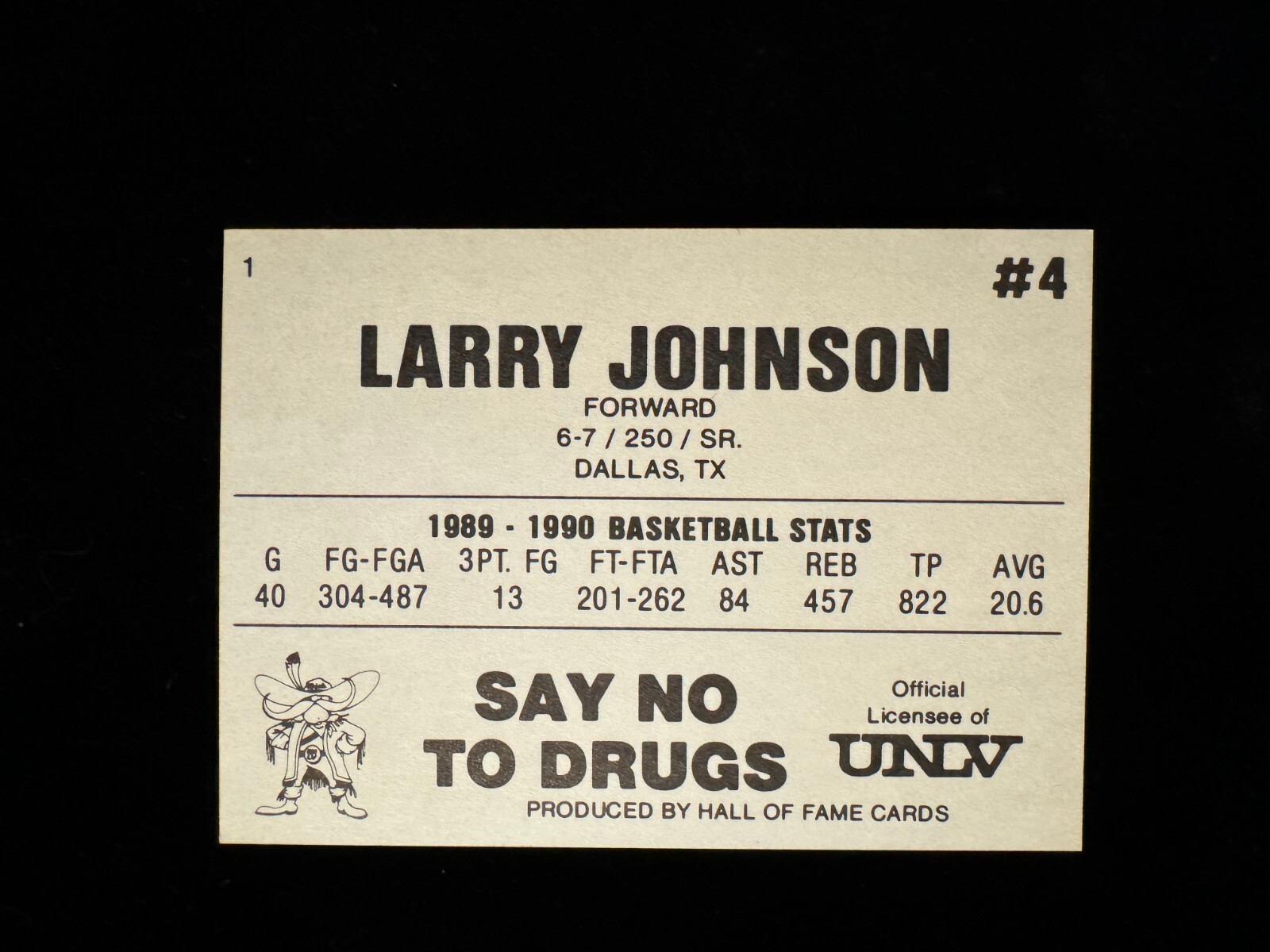 1990-91 Hall of Fame Cards UNLV Runnin’ Rebels #1 LARRY JOHNSON Nrmt+