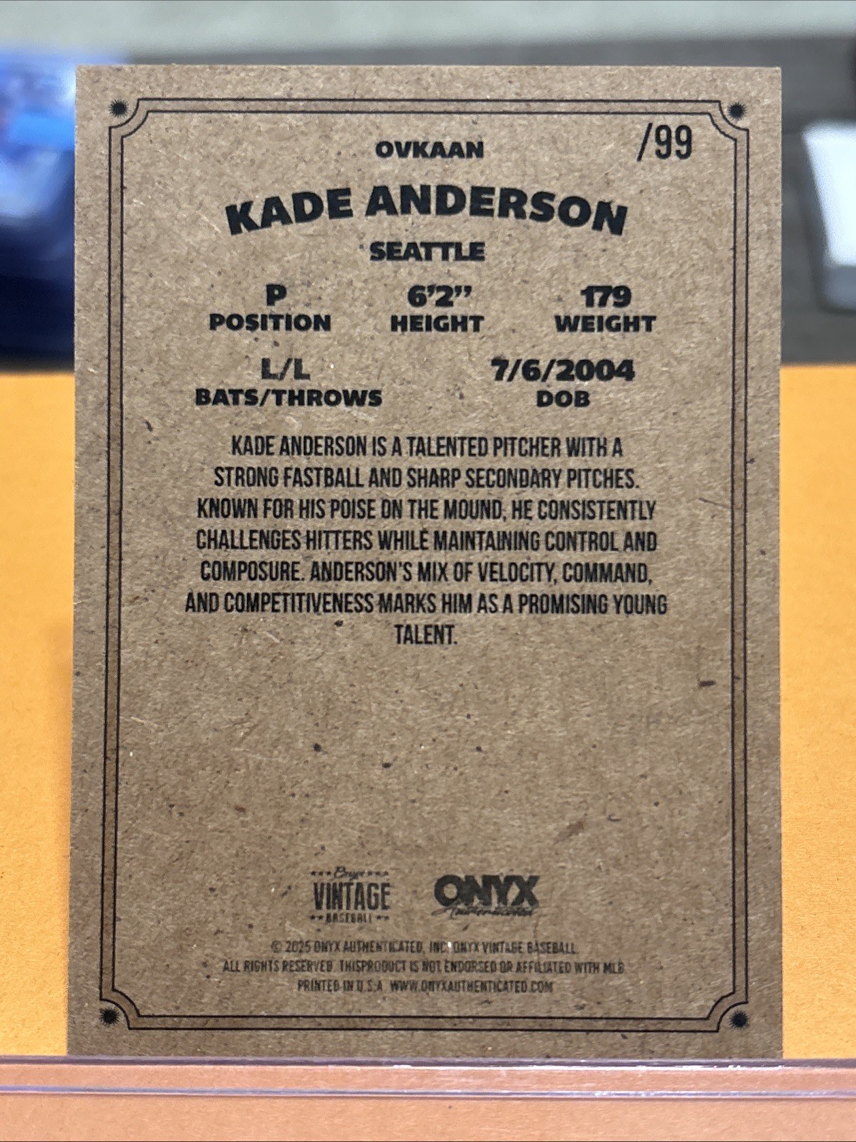 2025 Onyx Vintage Extended Kade Anderson #OVKAAN Orange Border /99 (RC) Mariners