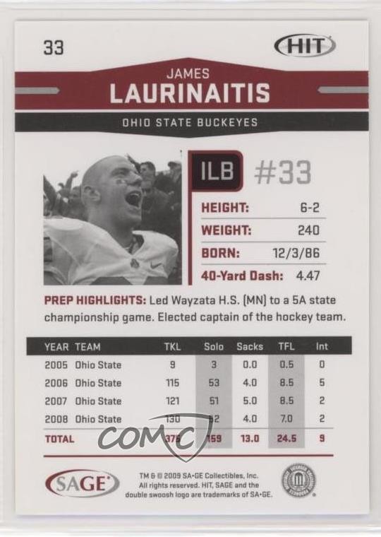 2009 SAGE Hit James Laurinaitis #33 Rookie RC 08uq