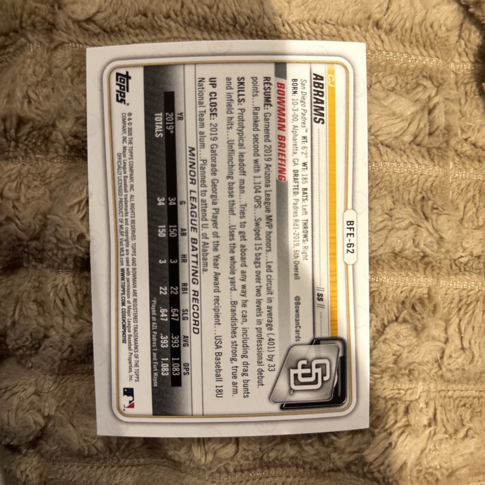 2020 Bowman 1st Edition – C.J. Abrams #BFE-62 (RC) Z8