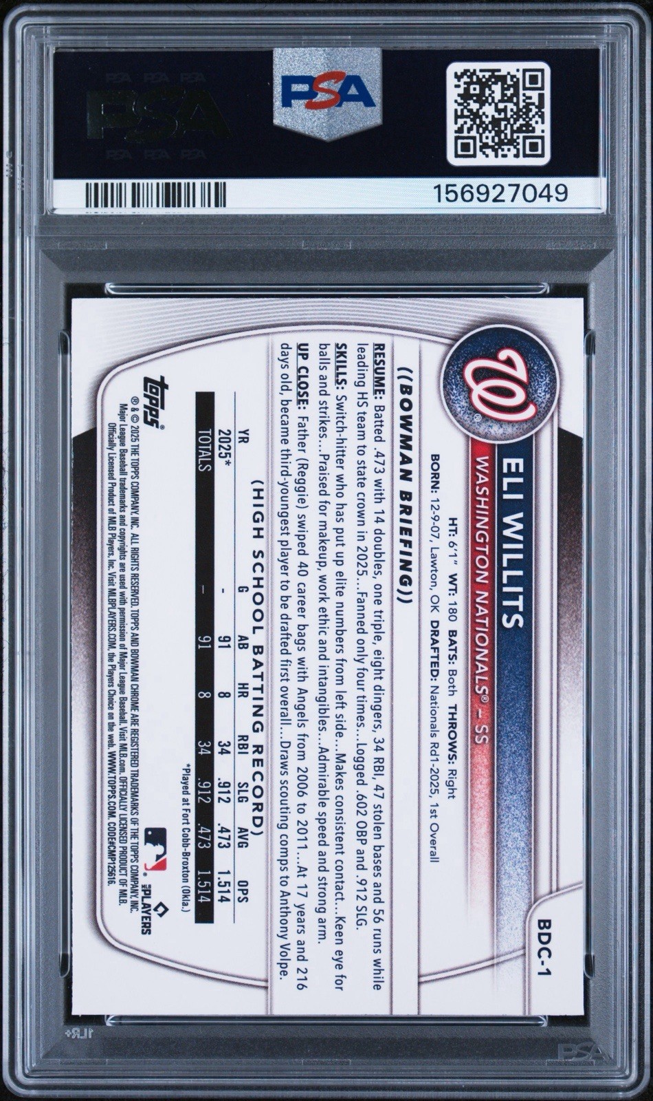 2025 Bowman Draft Mega Box #1 Eli Willits Green Refractor /99 PSA 10 GEM MINT