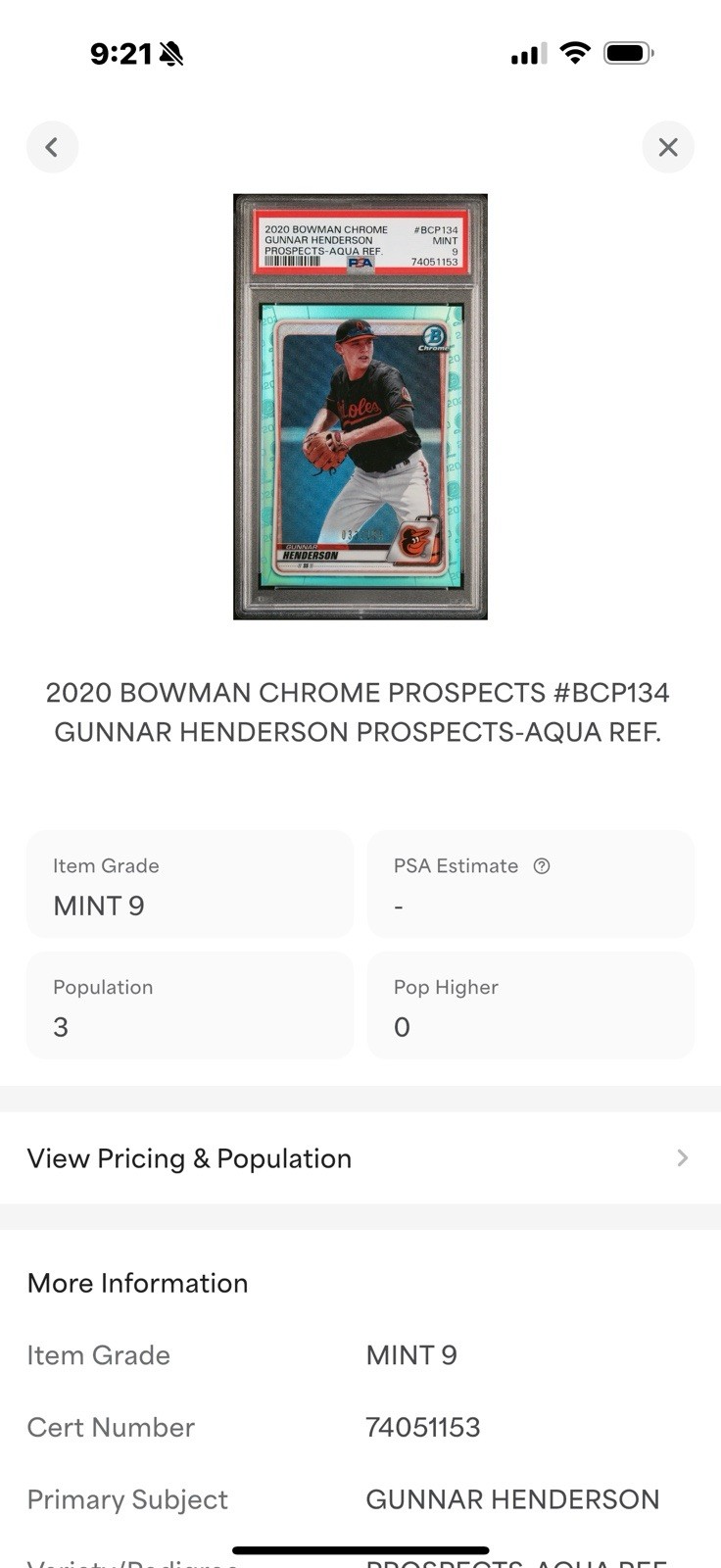 2020 BOWMAN CHROME PROSPECTS #BCP134 GUNNAR HENDERSON PSA 9 aqua/125