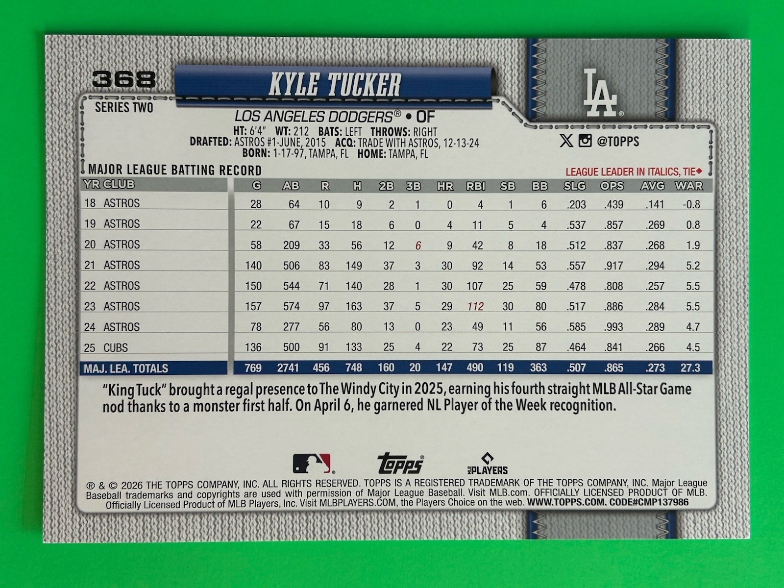 Kyle Tucker 2026 Topps Series 2 (SP) Jumbo Oversized Box Topper Card #368