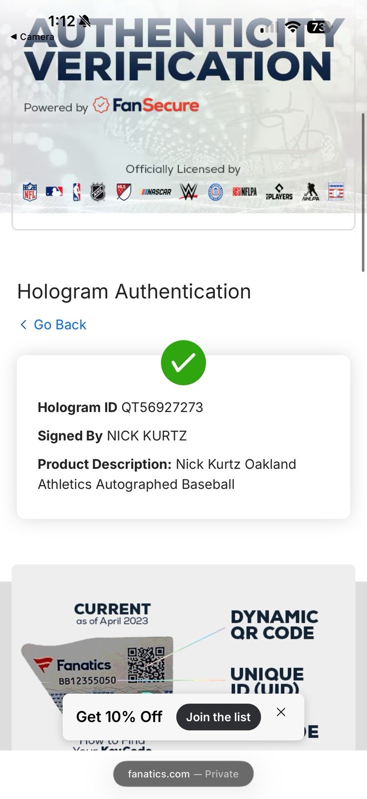 Nick Kurtz Athletics Autographed MLB Baseball Signed Fanatics Authenticated (A+)