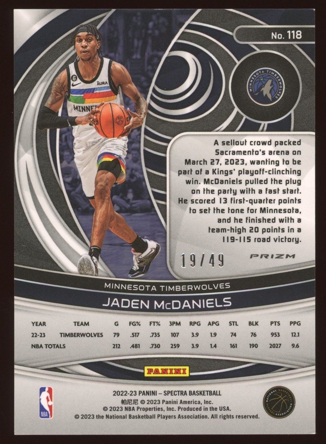 Jaden McDaniels 2022 Panini Spectra Blue and Orange Asia Prizm /49 #118