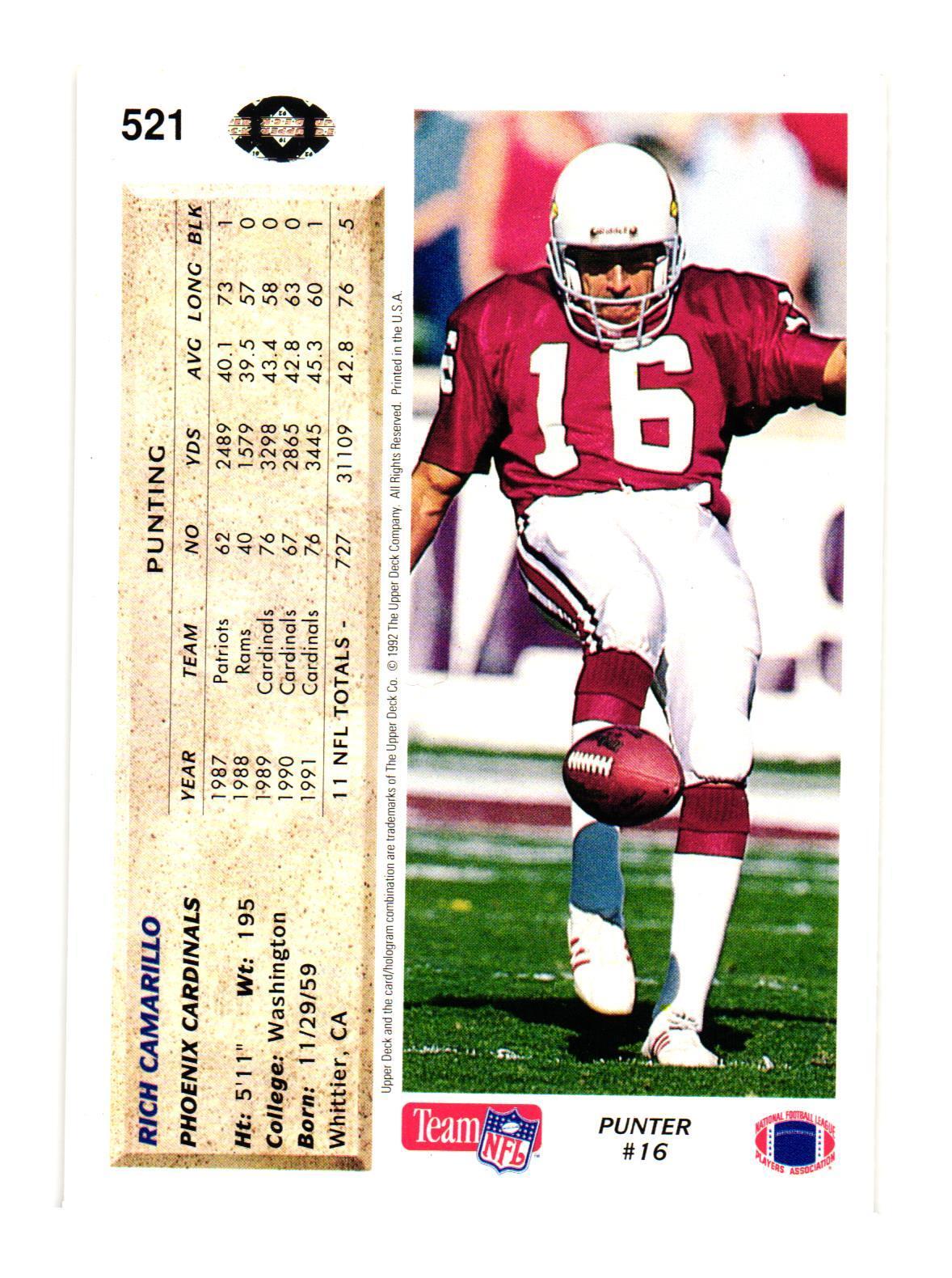 1992 Upper Deck #521 Rich Camarillo Phoenix Cardinals