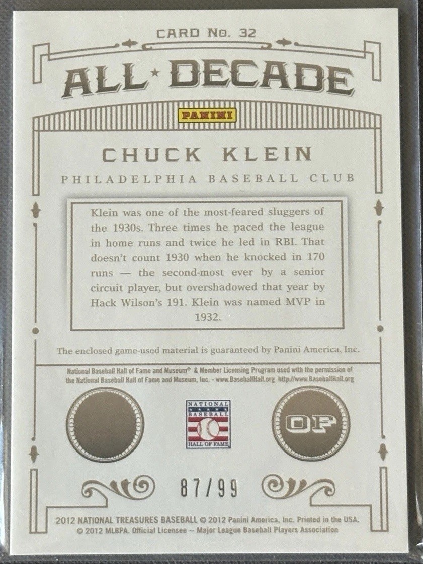2012 National Treasures All Decade #32 Chuck Klein Relic 87/99 Philadelphia HOF