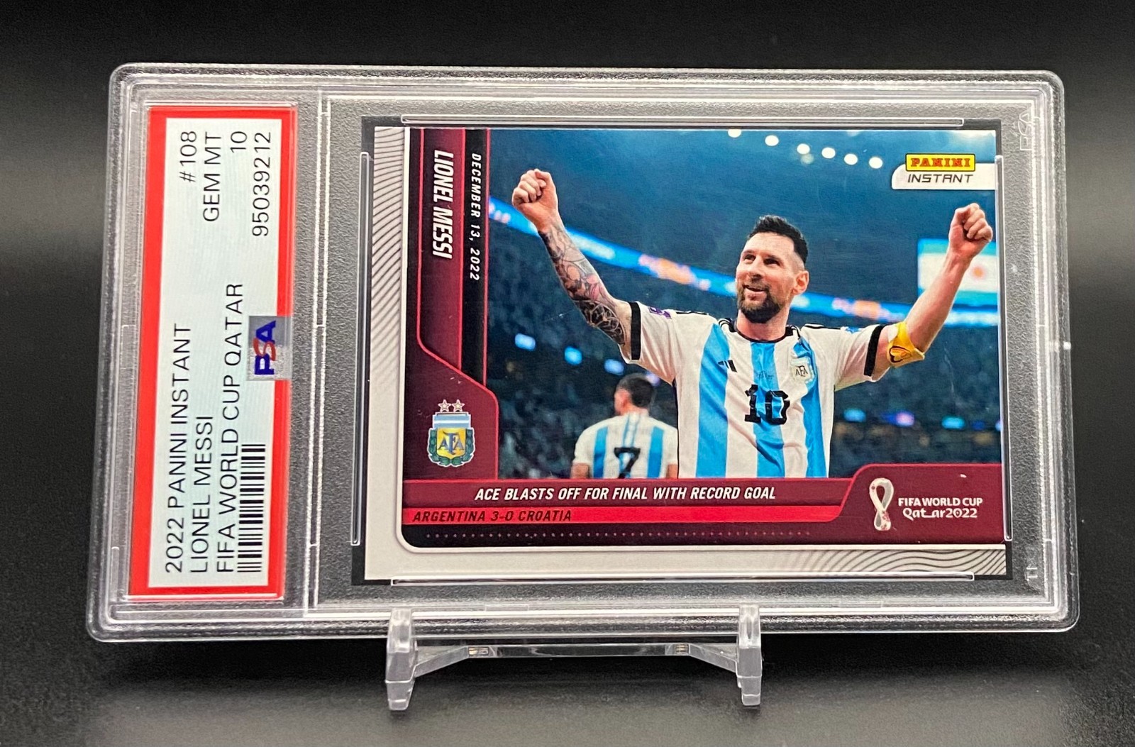 LIONEL MESSI – 2022 Panini Instant FIFA WORLD CUP QATAR RECORD GOAL – PSA 10