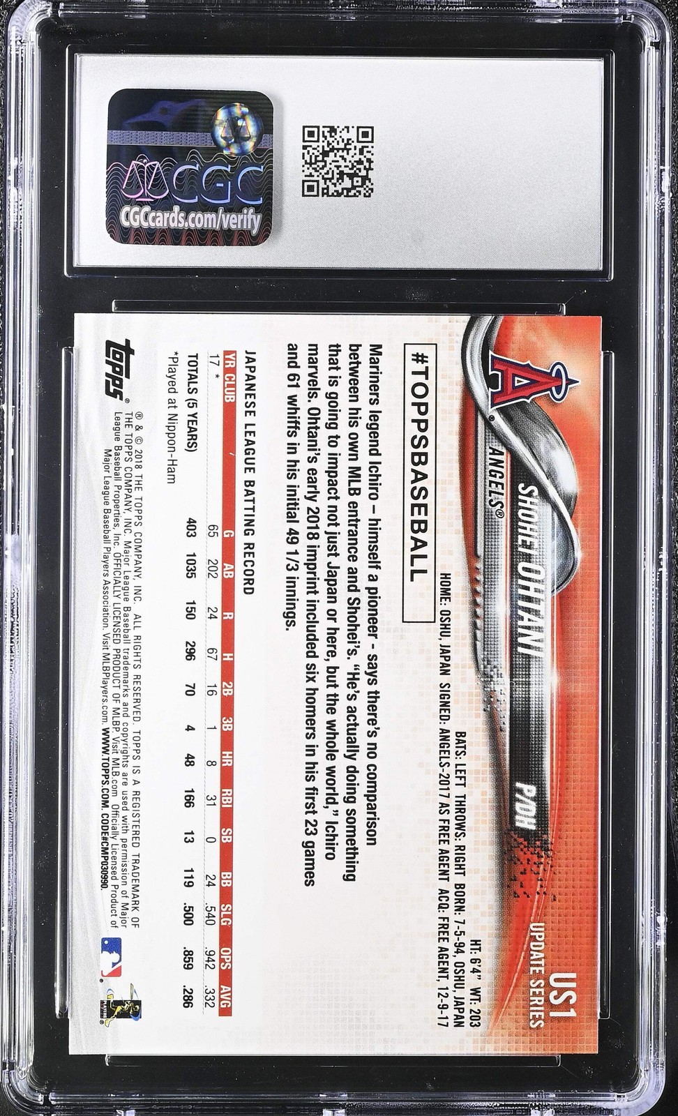 2018 Topps Update #US1 Shohei Ohtani Rookie RC CGC 10