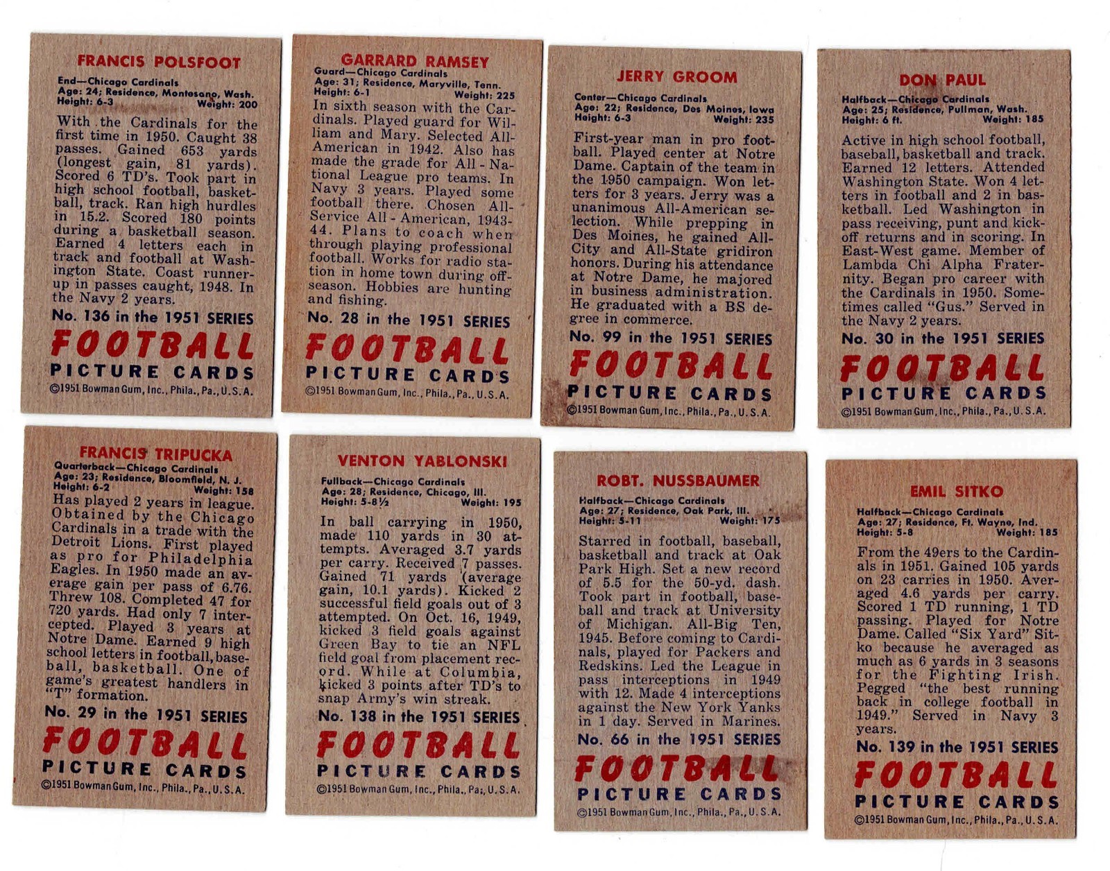 1951 Bowman Football Cards Part Set Qty 75 Different Many HOF Players.