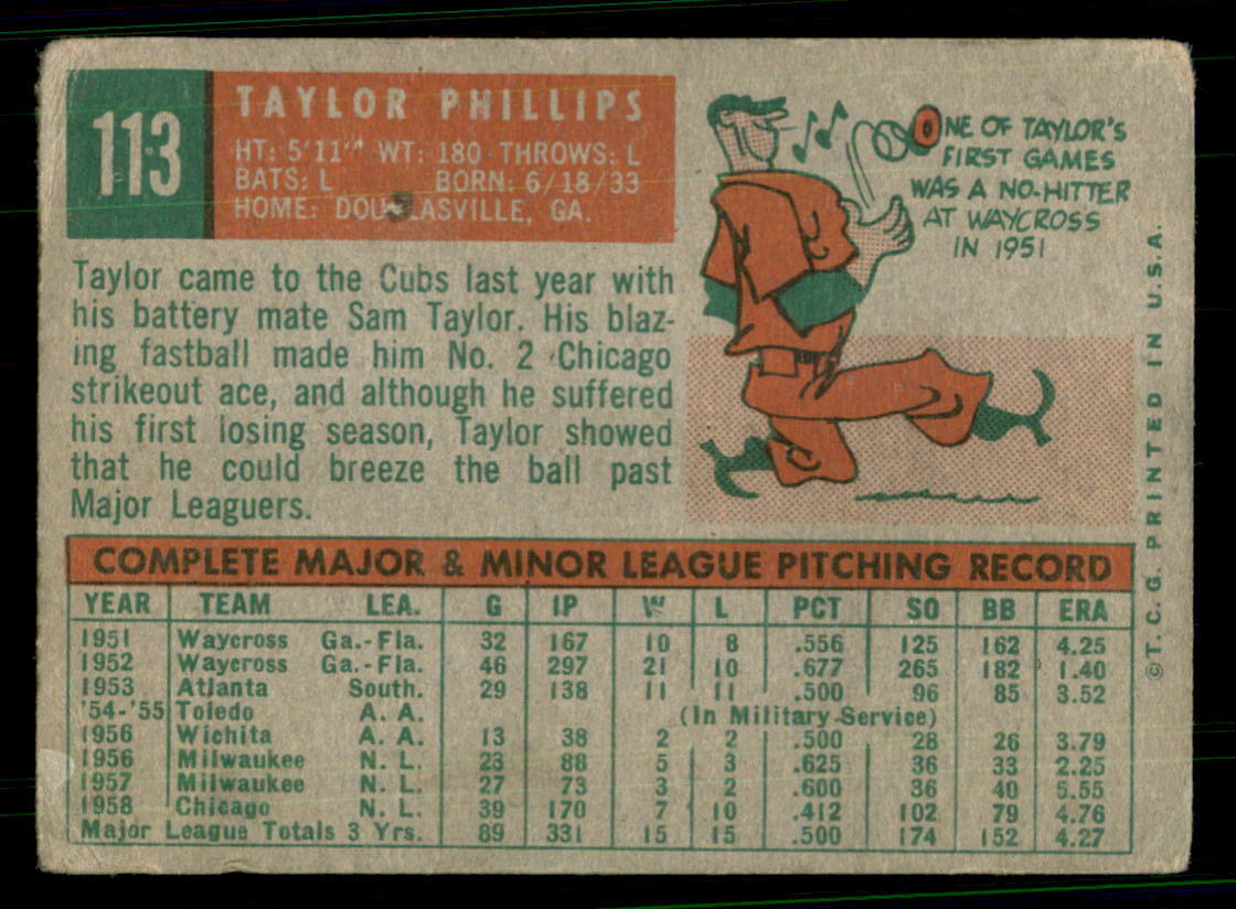 1959 Topps Baseball #113 Taylor Phillips PR (Filler) *RC3